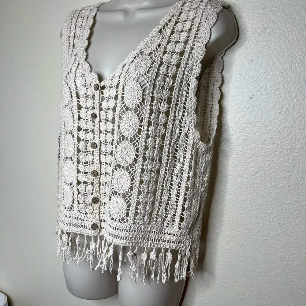 Rebellion Crochet Lace Fringe Button Front Cream Boho Vest Cotton Women Small